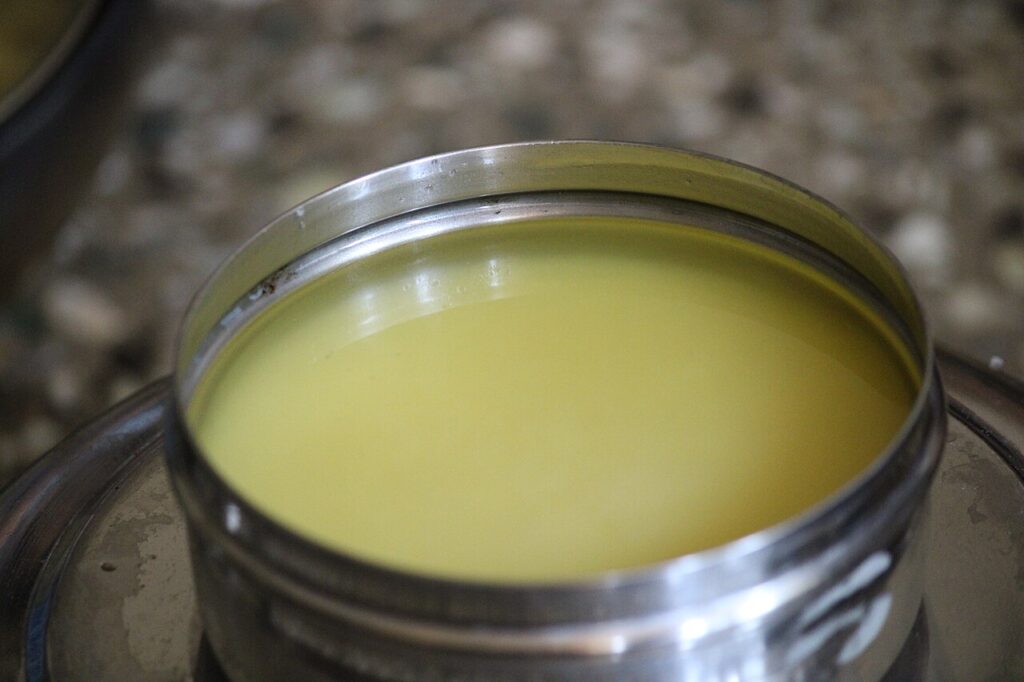 Bilona desi cow ghee set grainy and golden in a bowl, Bihar