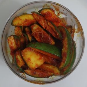 Spicy red chilli mango pickle in mustard oil