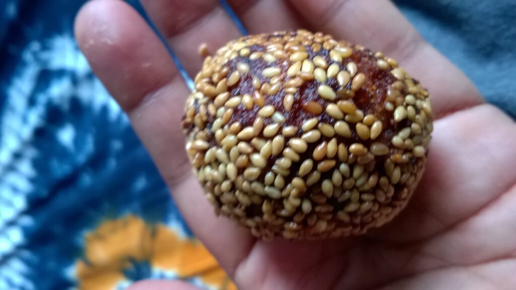 Close-up of a single Bihari Anarsa coated in toasted white sesame seeds