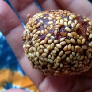 Close-up of a single Bihari Anarsa coated in toasted white sesame seeds