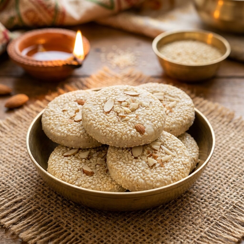 Badam tilkut in a brass bowl with a lit diya and almonds for Makar Sankranti