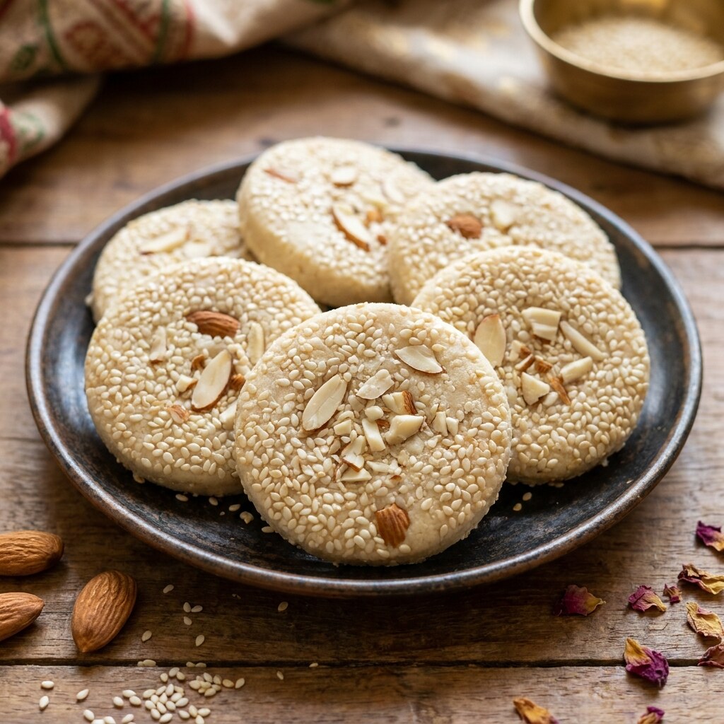 Badam tilkut cream sesame discs topped with slivered almonds from Gaya, Bihar