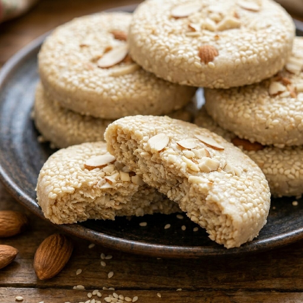 Close-up of broken badam tilkut showing almond pieces in the sesame interior