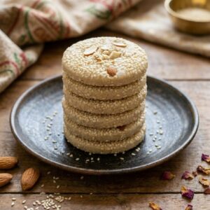 Stack of almond-studded badam tilkut sesame discs on a rustic plate