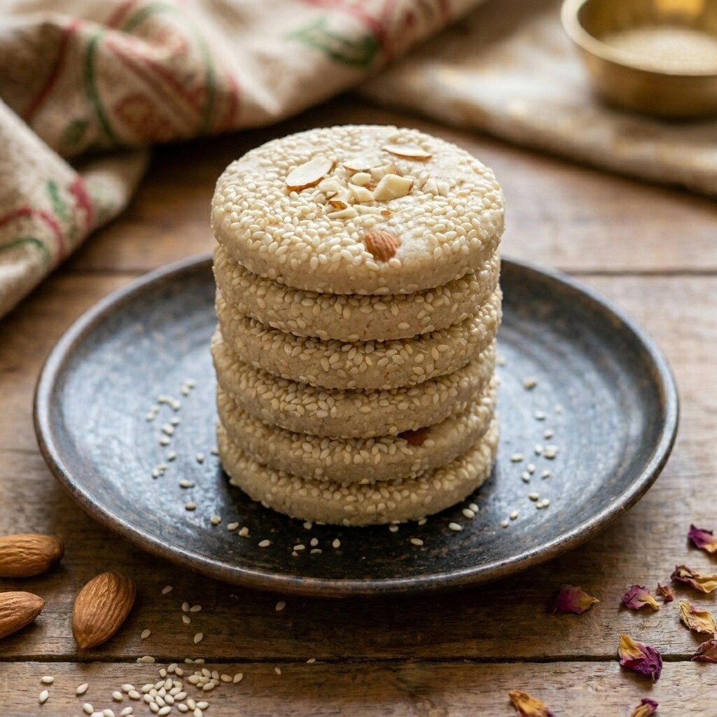Stack of almond-studded badam tilkut sesame discs on a rustic plate