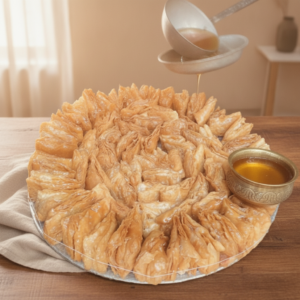 Desi Ghee Khaja — iconic Silao tower with brass bowl of pure ghee, on warm rustic wood with linen napkin