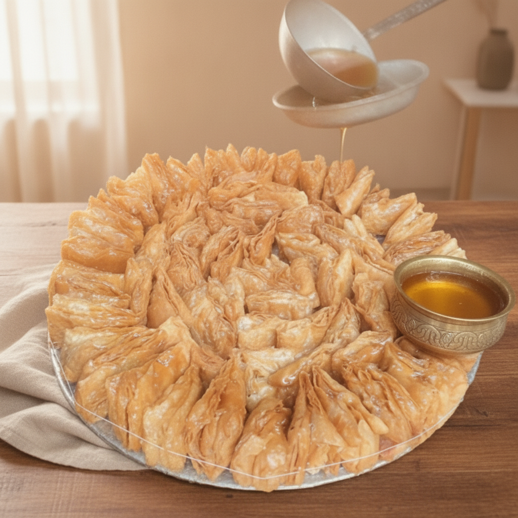 Desi Ghee Khaja — iconic Silao tower with brass bowl of pure ghee, on warm rustic wood with linen napkin