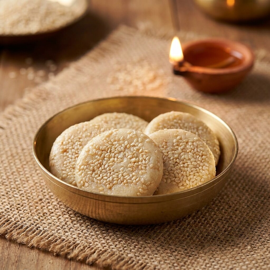 Khoya tilkut in a brass bowl with a lit diya for Makar Sankranti