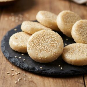 Khoya tilkut soft ivory sesame discs on a dark plate from Gaya, Bihar