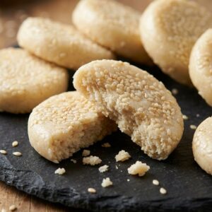 Close-up of broken khoya tilkut showing the soft milk-enriched interior