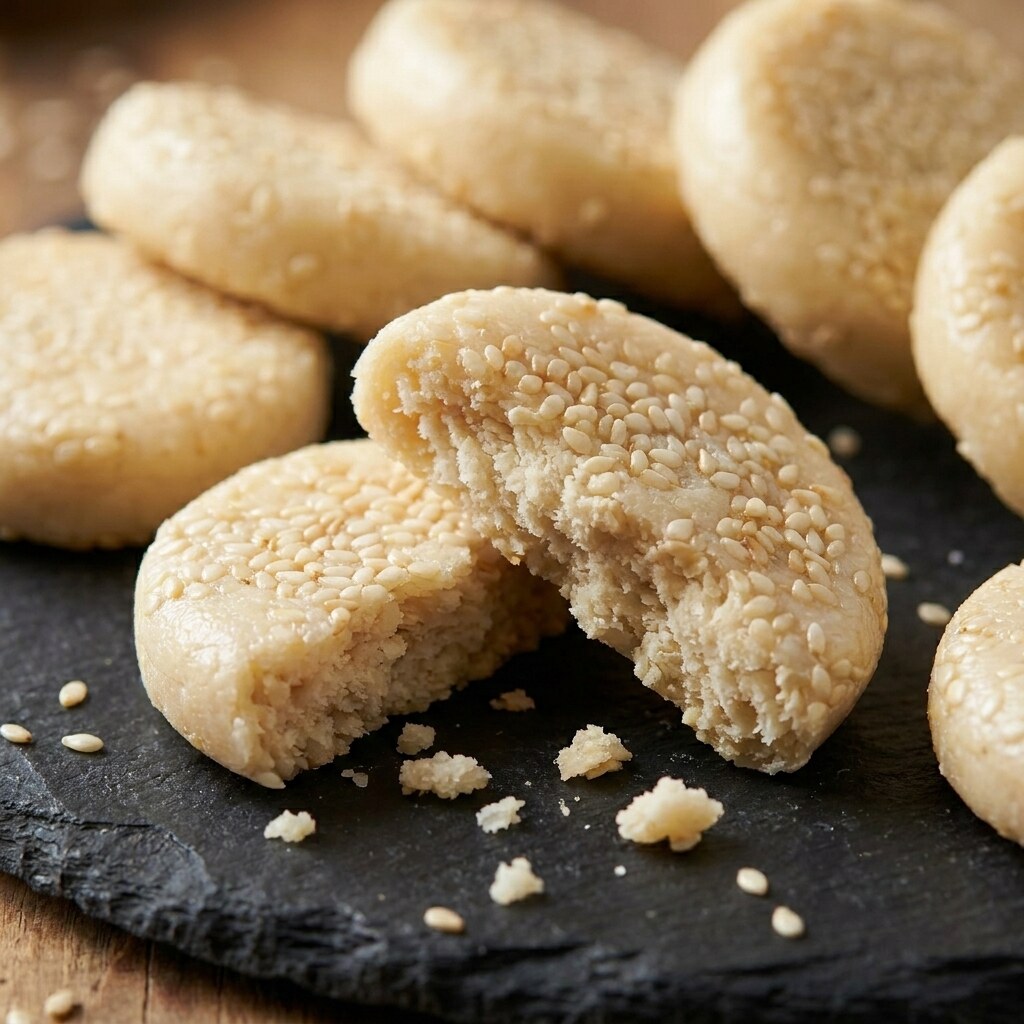 Close-up of broken khoya tilkut showing the soft milk-enriched interior