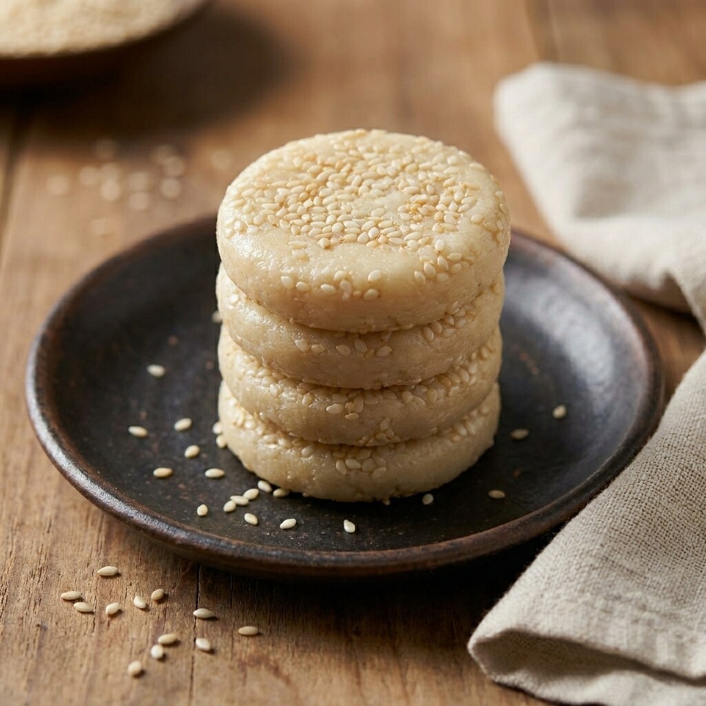 Stack of soft ivory khoya tilkut sesame discs on a rustic plate