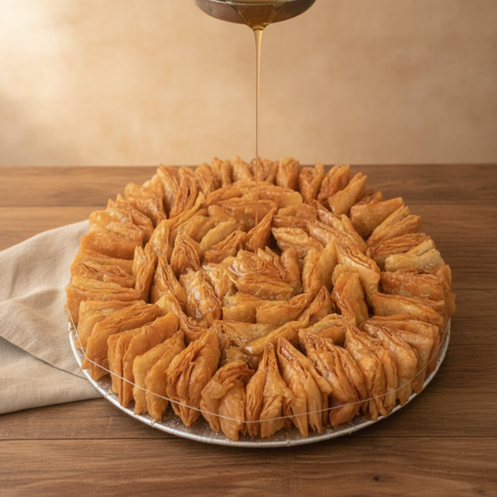Meetha Khaja — sugar syrup pouring onto fresh-fried khaja tower, on warm rustic wood with linen napkin