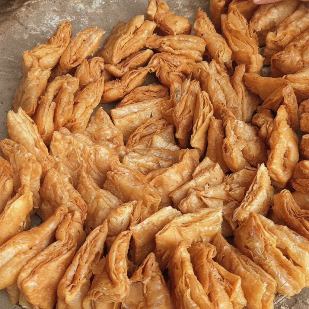 Meetha Khaja — fresh-fried golden Silao Khaja pieces being arranged on a brass tray, Silao Nalanda