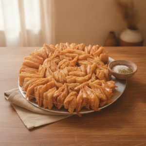 Namkeen Silao Khaja — iconic tower with bowl of salt and ajwain seeds, on warm rustic wood with linen napkin