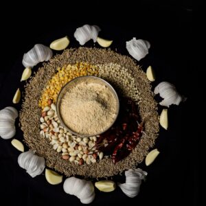 Savoury Magadh sattu ghol mix - roasted Bengal gram sattu powder with cumin, dried chilli and garlic