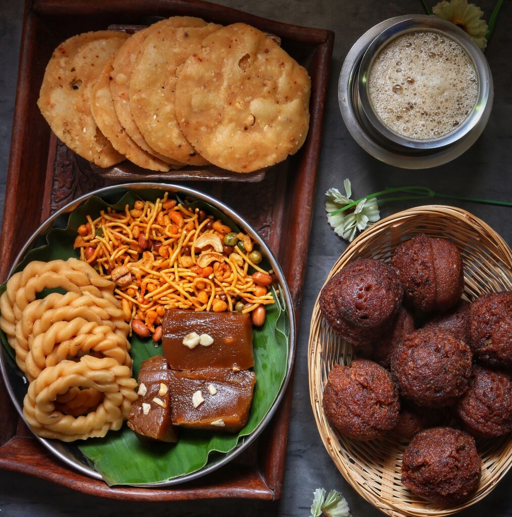 Thekua and Indian festive sweets rustic setting, Bihar