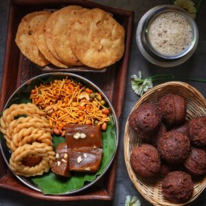 Thekua and Indian festive sweets rustic setting, Bihar