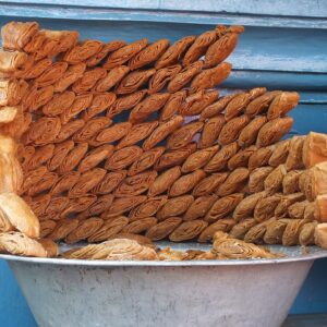 Traditional layered Silao-style Khaja, Bihar GI sweet display