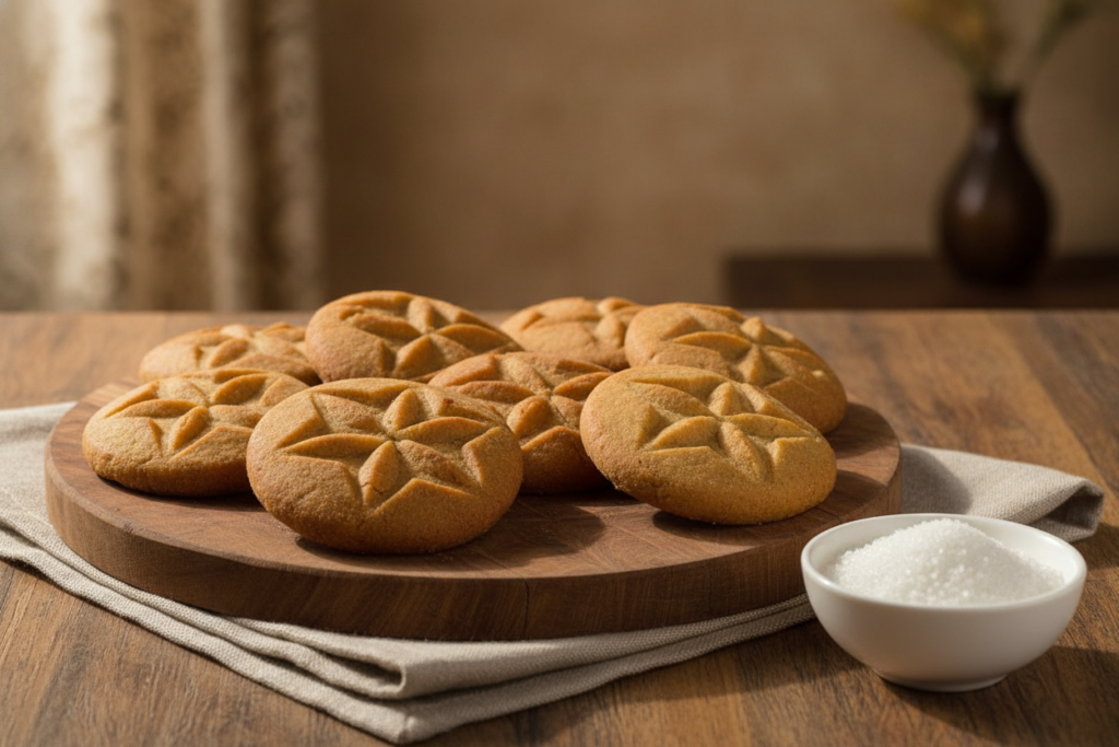 Cheeni Thekua — sugar-sweetened lighter golden Bihari Chhath prasad on warm wood with ceramic bowl of sugar
