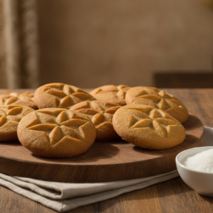Cheeni Thekua — sugar-sweetened lighter golden Bihari Chhath prasad on warm wood with ceramic bowl of sugar