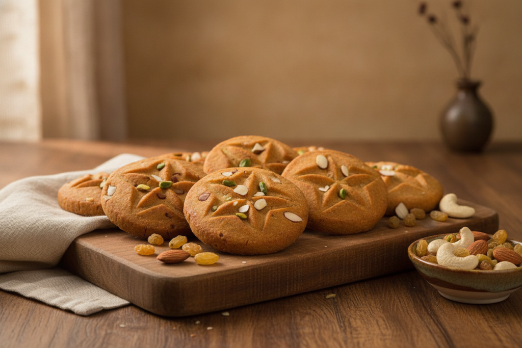 Dry-Fruit Thekua — premium gift-grade Bihari Thekua studded with cashew, almond and raisins, warm wood + linen