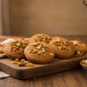 Dry-Fruit Thekua — premium gift-grade Bihari Thekua studded with cashew, almond and raisins, warm wood + linen