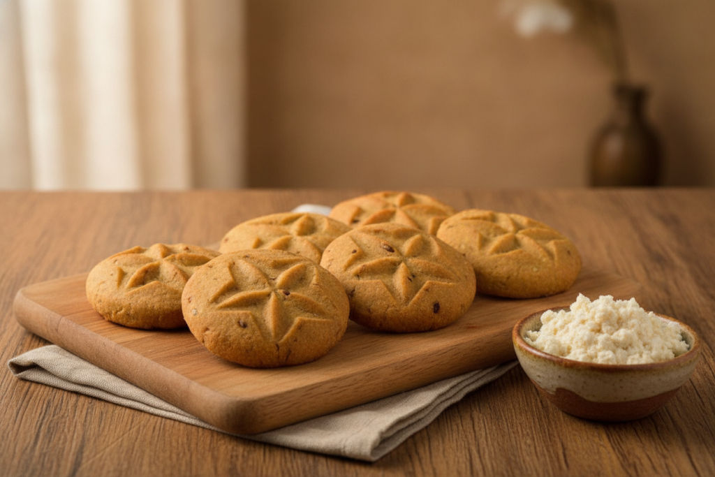 Khoya Thekua — premium milk-solid enriched Bihari thekua on warm wood with bowl of mawa