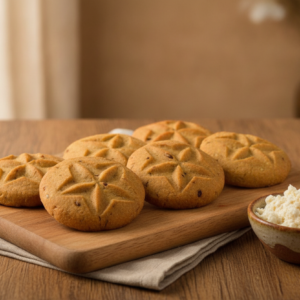 Khoya Thekua — premium milk-solid enriched Bihari thekua on warm wood with bowl of mawa