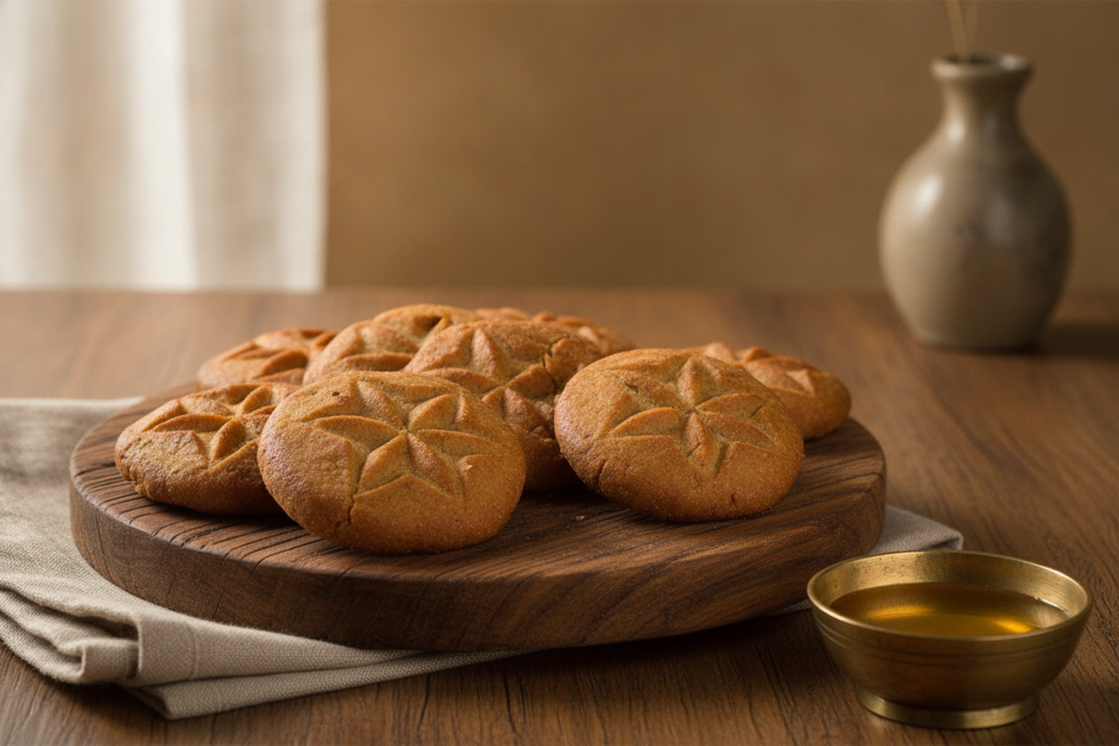 Pure Ghee Thekua — classic Bihari Chhath prasad with saanche star pattern, fried in pure desi ghee, on warm wood with linen