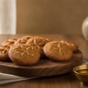 Pure Ghee Thekua — classic Bihari Chhath prasad with saanche star pattern, fried in pure desi ghee, on warm wood with linen